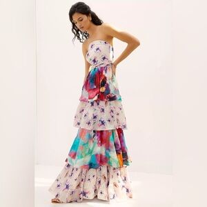 Strapless Tiered Floral Maxi Dress in Multicolor